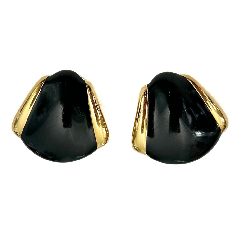 Vintage 1980s Monet Black and Gold Tone Clip-on Earrings Enamel Triangle Marked